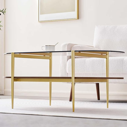LumFurn Oval Glass Coffee Table, Mid-Century Modern Design, L41 x W21 x H17 inch, for Living Room, 2-Tier Structure, Amber Glass Top and Walnut Finish Wood Shelf, Conical Legs with Gold Finish Frame