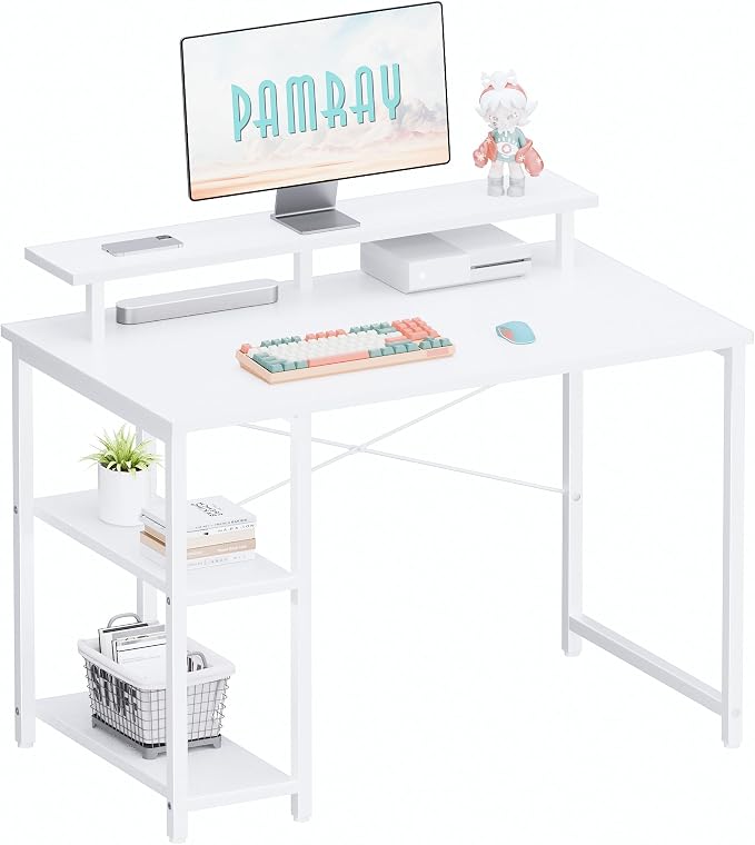 Pamray 33.5 Inch Small Computer Desk with Monitor Stand and Shelves | Sturdy, Space-Saving, Easy Assemblely, Suitable for Bedroom, Office, Apartment and Dorm, Used for Writing and Studying