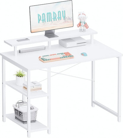 Pamray 33.5 Inch Small Computer Desk with Monitor Stand and Shelves | Sturdy, Space-Saving, Easy Assemblely, Suitable for Bedroom, Office, Apartment and Dorm, Used for Writing and Studying