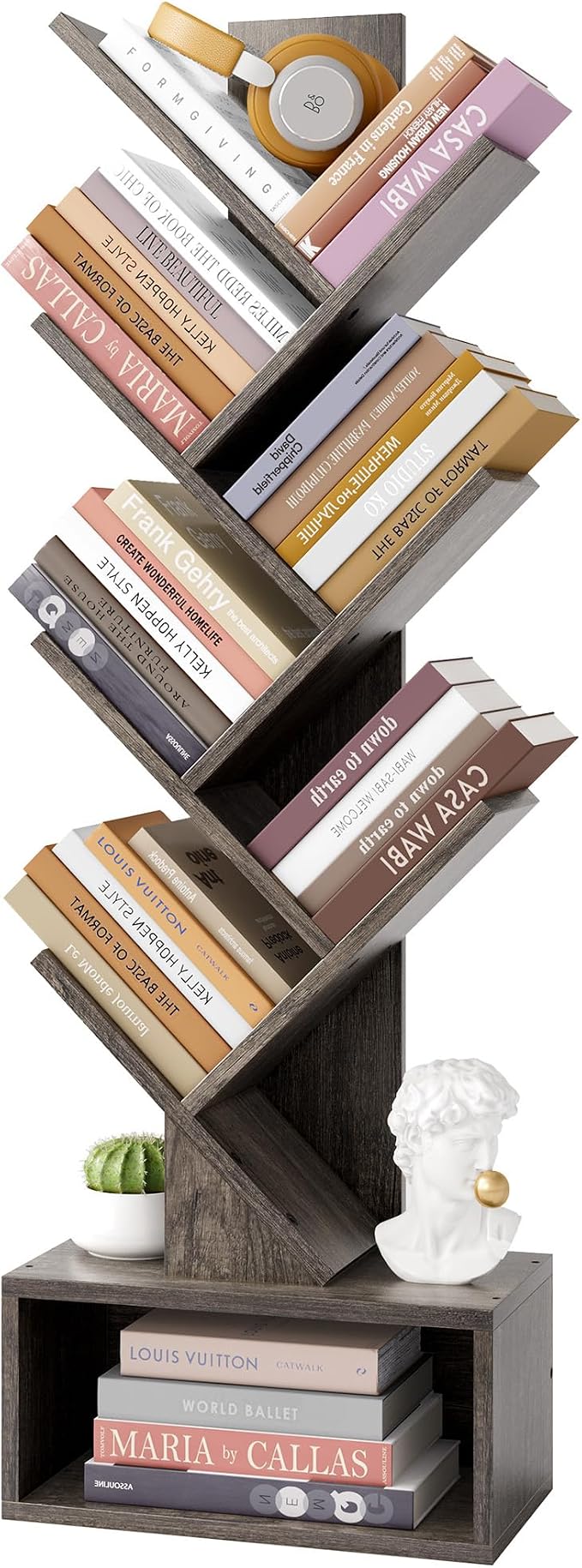 Hoctieon 6 Tier Tree Bookshelf, Tall Bookcase with Drawer, Freestanding Book Shelf, Display Floor Standing Storage Shelf, Book Organizer Shelves for Home Office, Living Room, Bedroom, Grey