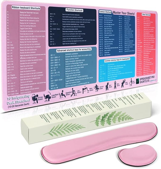 Excel Cheat Sheet Desk Pad Set, 3-Piece XXL Shortcut Mouse Pad with Keyboard and Wrist Rests, Non-Slip Office Mat, 35.5 x 15.8 in, Blush Pink