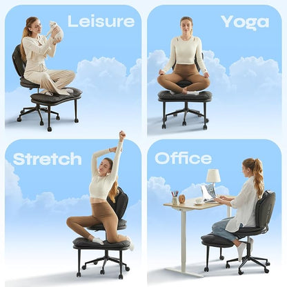 Pinmoco Ergonomic Cross Legged Office Chair for ADHD, Kneeling Chair with 360° Swivel Wheels and Reversible Seating for Meditation, Adjustable Height and Seat Deapth, PU Leather, Black