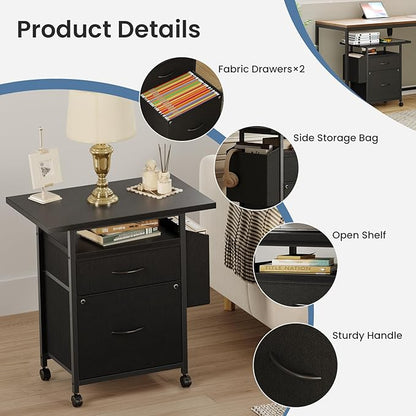 Simple Deluxe 2 Drawer File Cabinet with 24" Extended Desktop, Mobile Filing Cabinet, Rolling File Cabinet with Side Bag, Fabric Drawer, Fits A4/Letter Size, Printer Stand Home Office, Black