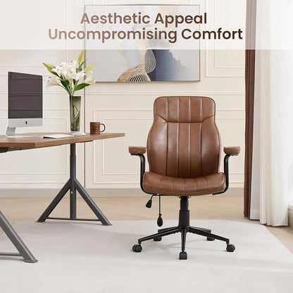 Mid Century Modern Office Chair with Inflatable Lumbar Support, Ergonomic Brown PU Leather Desk Chair with Arms, Height Adjustable Swivel Executive Computer Chair for Home Office (Brown)