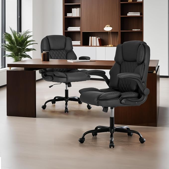 Office Desk Chair, Conference Room Chairs, Mid Back Executive Leather Chair,Ergonomic Home Computer Chair, Modern Office Chair with Adjustable Flip-Up Arms and Rocking Function (Black)