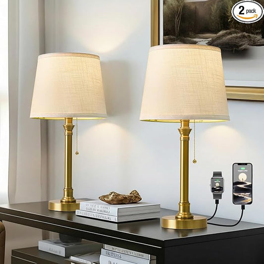 Oneach 19.5" Gold Table Lamp Set of 2, Small Bedside Table Lamps with USB A+C Charging Ports, Pull Chain Switch, Brass Modern Nightstand Lamps for Living Room, Bedroom, Nursery