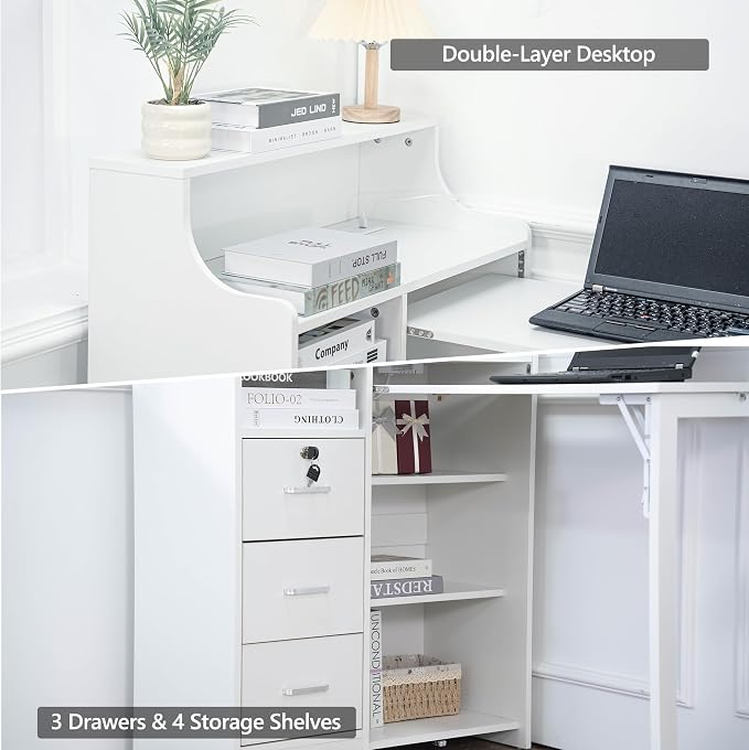 Folding Desk with Storage,Hidden Desk with Lockable Drawers & Shelves, Built-in Power Outlet,Fold Out Desk for Study and Home Office