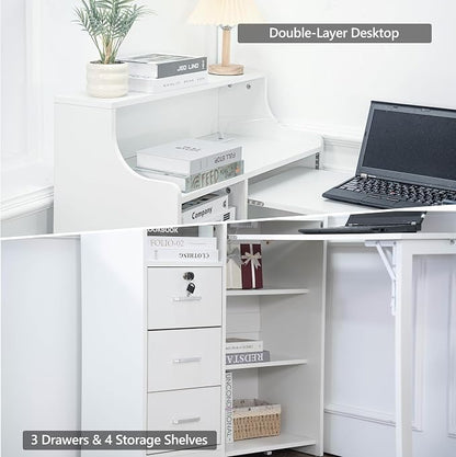Folding Desk with Storage,Hidden Desk with Lockable Drawers & Shelves, Built-in Power Outlet,Fold Out Desk for Study and Home Office
