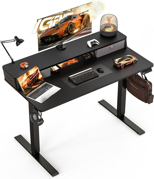 Electric Standing Desk with Two Drawers,48 x 24 Inch Sit Stand Desk Adjustable Height, Stand Up Desk with Storage Shelf, Computer Workstation for Home Office, Black