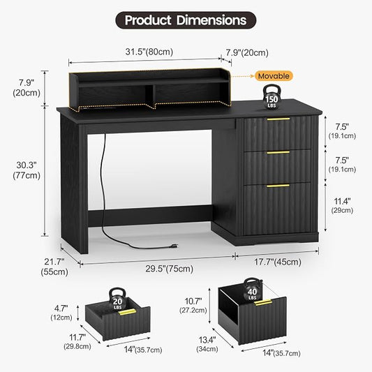 Lareth Computer Desk with Monitor Stand, 47 inch Home Office Desk with RGB LED Lights and Power Outlets, Writing Desk with Storage File Drawer for Working Gaming Writing, Black