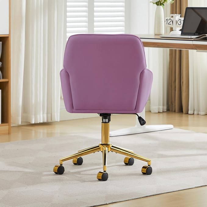 Velvet Home Office Desk Chair, Modern Cute Computer Task Chair with Back, Height Adjustable Upholstered Vanity Chair with Swivel Wheels for Women, Girls (Gold Base, Light Purple