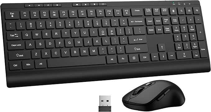Wireless Keyboard and Mouse Combo, Full Size Quiet Key Computer Keyboard and Cordless Mice with 3 DPI Adjustable, 2.4G Lag-Free, Long Battery Life, Compatible with Windows and Mac Systems, Black