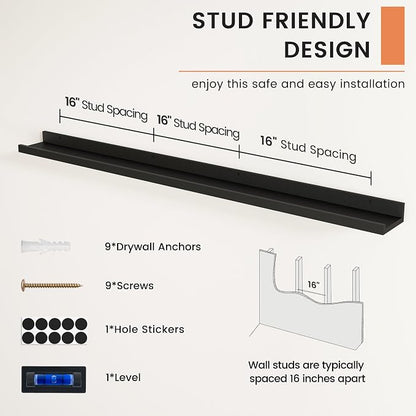 FLYJOE Picture Ledge Shelf, Floating Shelves Set of 2, 52 Inches Nursery Book Shelves for Toys Storage, Kids Bookshelf Wall Mounted for Living Room Bedroom Decor Books Photo Frames, Black