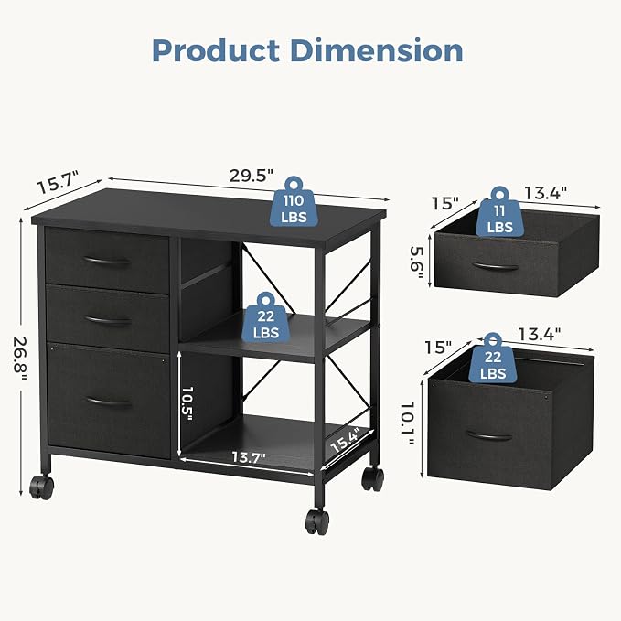 DUMOS 3 Drawer Mobile File Cabinet, Freestanding Fabric Lateral Filing Cabinet Fits A4/Letter Size, Space Saving Rolling Printer Stand with X-Frame and Open Storage Shelf for Home Office, Modern Black