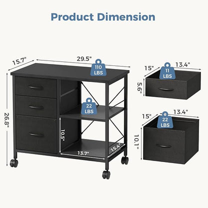 DUMOS 3-Tier Mobile File Cabinet, Printer Stand with Storage, Office Table with Drawers and Back Support Bar, Holds 110lbs for Home Office, Rustic Black