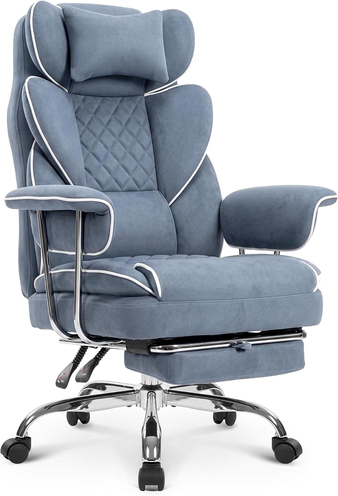 NEO CHAIR Big and Tall Office Chair Gaming Computer Chair High Back Heavy Duty Desk Chai with Lumbar Support Adjustable Recliner Footrest Wide Seat Fabric Executive Home with Wheels (Fabric Blue)
