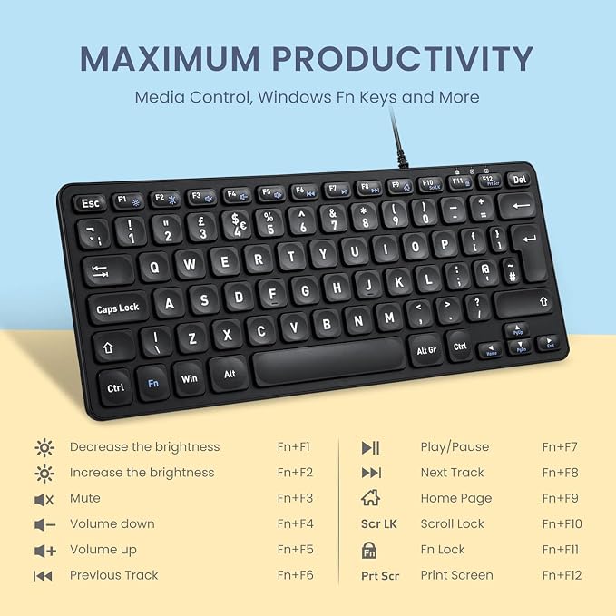 Perixx PERIBOARD-432 Wired Mini USB Keyboard - X Type Scissor Keys - Big Print Keys - US English, Black