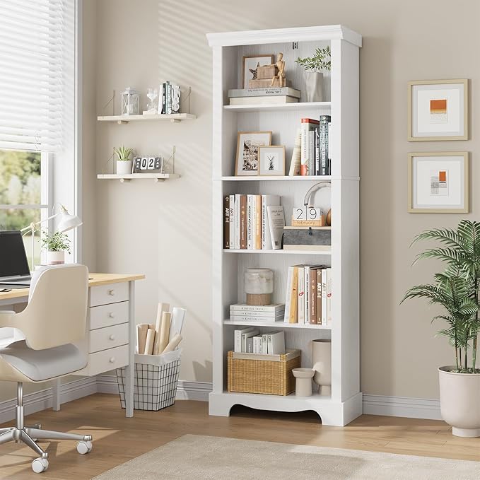 5-Tier Bookshelves and Bookcases, 61.1 inch Tall Bookshelf with Ample Storage Space, Wooden Bookcase, Modern Bookshelf for Study Room, Living Room, Home Office, Bedroom (White)