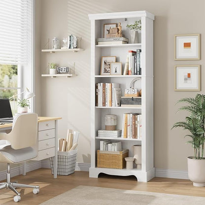 5-Tier Bookshelves and Bookcases, 61.1 inch Tall Bookshelf with Ample Storage Space, Wooden Bookcase, Modern Bookshelf for Study Room, Living Room, Home Office, Bedroom (White)
