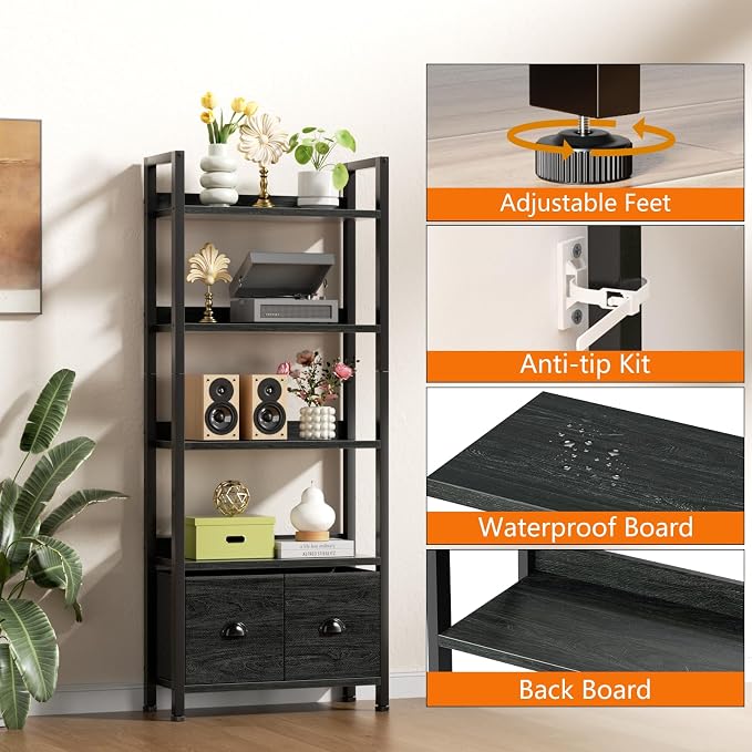 Furologee 5-Tier Bookshelf, Tall Bookcase with 2 Storage Drawers, Industrial Display Standing Shelf Units, Wood and Metal Storage Shelf for Living Room, Bedroom, Home Office, Black Oak