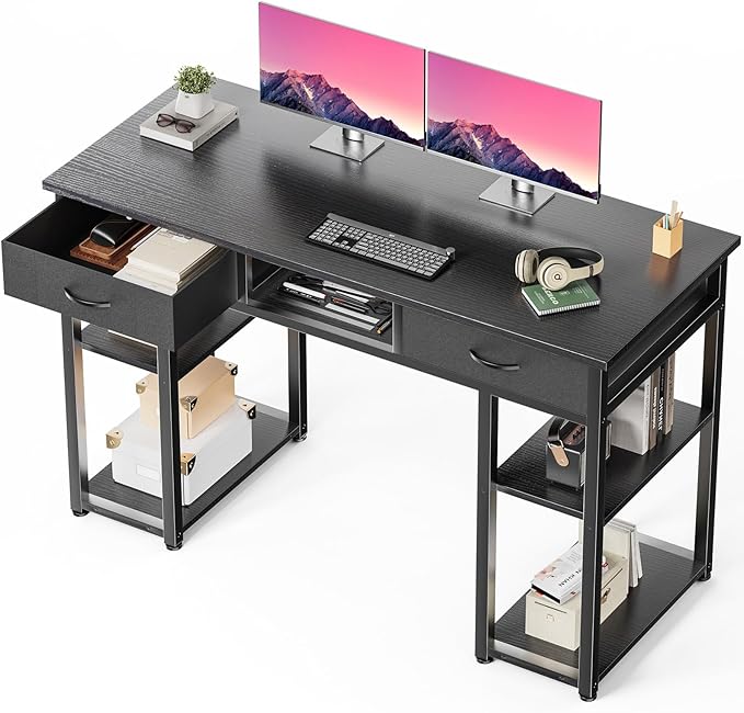 48" Small Gaming Desk with Drawers, Home Office Computer Writing Study Table with Storage Side Bag, Headphone Hook, and Adjustable Feet for Bedroom, Ink