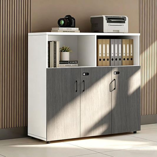 File Cabinet with Password Lock, Wood Lateral Filing Cabinet for Letter/A4 Files, 3 Drawer with Door, Printer Stand with Open Shelves for Home Office