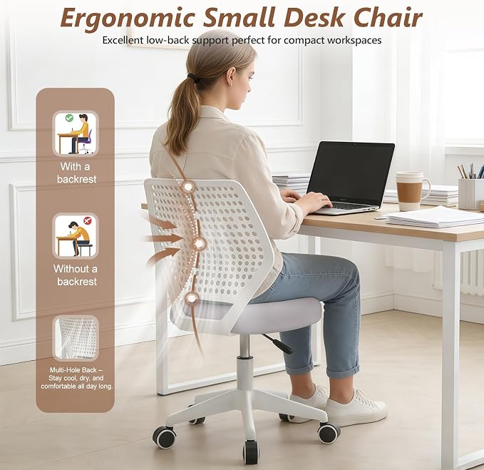 Small Office Chair with Wheels, Armless Desk Chair Height Adjustable Swivel Rolling Task Chair Breathable Mesh Ergonomic Computer Work Chair for Adult, Gray