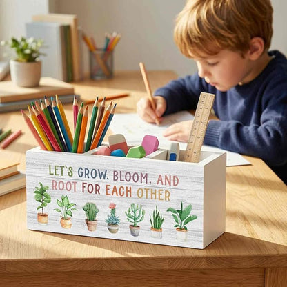 Boho Mental Health Classroom Pencil Pen Holder for Desk Organizer, Let's Grow Bloom and Root for Each Other Motivational Wooden Box Decorations for Therapy Office Desk Tabletop Decor