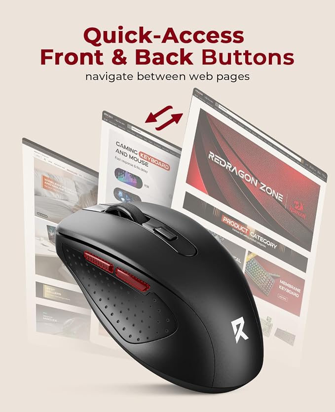 Redragon Wireless Mouse BT5.0/3.0 & 2.4G, 6 Buttons, 5 Level 4000DPI Bluetooth Mouse, 18 Months Battery, Portable Optical Computer Mice for Laptop, PC, Chromebook, Windows, Mac-Black