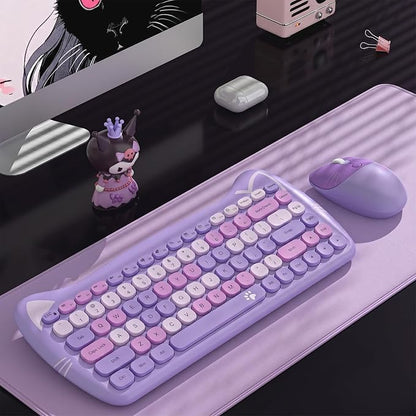 Cute Cat 2.4G USB Wireless Keyboard and Mouse Combo, Silent Keys, Candy Colors, Compatible with Notebook, PC (Purple-84Keys)