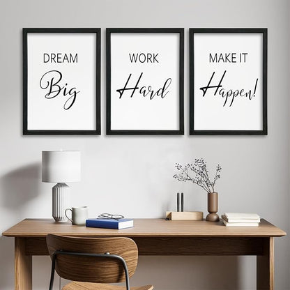 Motivational Wall Art for Office Decor 16x24–Wood Frame Set of 3, Dream Big | Work Hard Make It Happen Sign，Home Office，Black Frame
