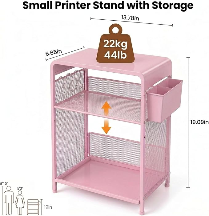 ECOLOVI 3 Tier Printer Stand for Under Desk, Height Adjustable Shelf Small Printer Table with 3 S-Hooks & Basket, Heavy Duty Industrial Storage Shelf for Home Office (Pink Metal)