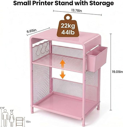 ECOLOVI 3 Tier Printer Stand for Under Desk, Height Adjustable Shelf Small Printer Table with 3 S-Hooks & Basket, Heavy Duty Industrial Storage Shelf for Home Office (Pink Metal)