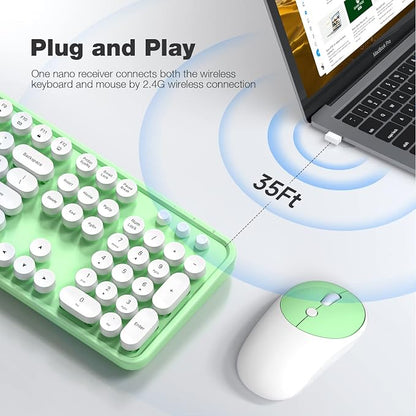 KNOWSQT Wireless Keyboard and Mouse Combo - White-Green Full-Sized 2.4 GHz 104 Keys Typewriter Keyboard, Flexible Round Keycap and Optical Mouse for Windows, Computer, PC, Laptop, Desktop, Mac