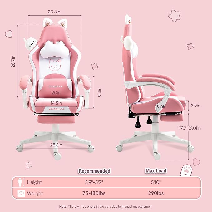 Dowinx Pink Gaming Chair with Cat Ears and Massage Lumbar Support, Ergonomic Computer Chair with Footrest and Headrest, Comfortable Reclining Game Chair 290lbs for Adults, Pink