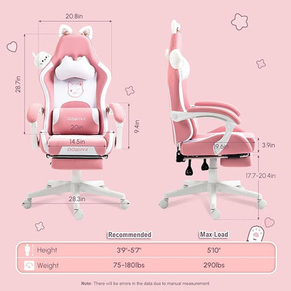 Dowinx Pink Gaming Chair with Cat Ears and Massage Lumbar Support, Ergonomic Computer Chair with Footrest and Headrest, Comfortable Reclining Game Chair 290lbs for Adults, Pink