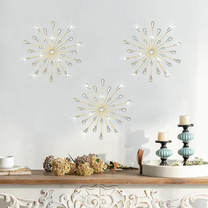 ZEXUIRU 3 Set Gold Starburst Wall Art for Home Decor Metal Bling Crystal Rhinestones Sunburst Wall Decor Sparkling Rhinestone Art Accent Gold - 18in