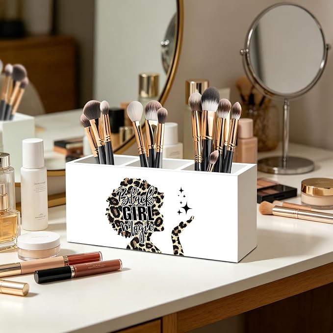 Black Girl Magic Leopard Print Makeup Brush Toothbrush Holder for African American Women, Black Women Empowerment Cheetah Print Wood Signs Pen Pencil Holder Organizer Desk Accessories