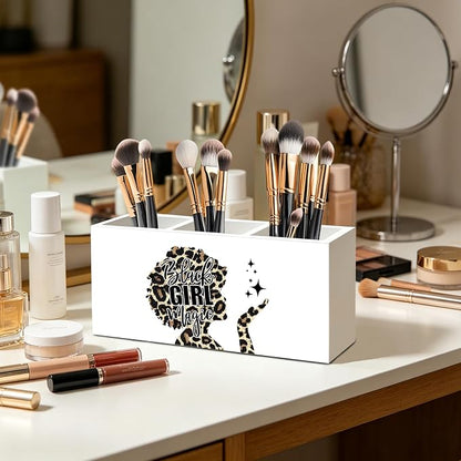 Black Girl Magic Leopard Print Makeup Brush Toothbrush Holder for African American Women, Black Women Empowerment Cheetah Print Wood Signs Pen Pencil Holder Organizer Desk Accessories