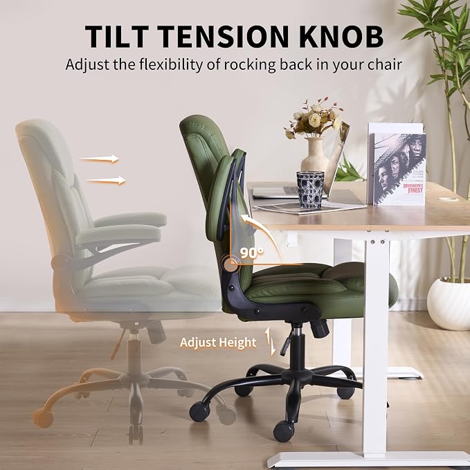 Home Office Ergonomic Desk Chair - Comfy Leather Executive Chair with Flip-Up Armrests, Height Adjustable Computer Chair for Gaming, 360° Swivel & Rocking (Green)