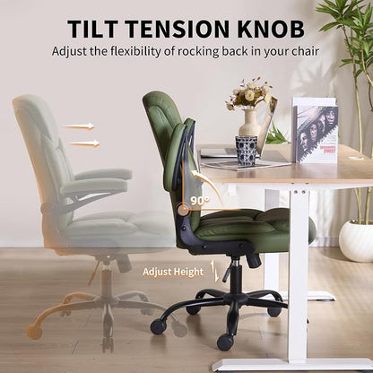 Home Office Ergonomic Desk Chair - Comfy Leather Executive Chair with Flip-Up Armrests, Height Adjustable Computer Chair for Gaming, 360° Swivel & Rocking (Green)