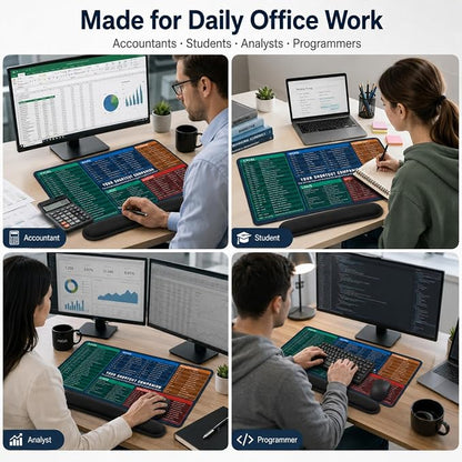 Excel Cheat Sheet Desk Pad Set, 3-Piece Office Shortcut Mouse Pad with Keyboard Wrist Rest & Mouse Wrist Rest, Excel Word PowerPoint Windows Shortcut Mat for Accountants, Students, Carbon Black