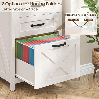 Halitaa 3 Drawer Small File Cabinet, Farmhouse Vertical Filing Cabinet Fits Letter and A4 Size, Under Desk Wooden File Cabinets for Home Office, Printer Stand, Rustic White and Brown