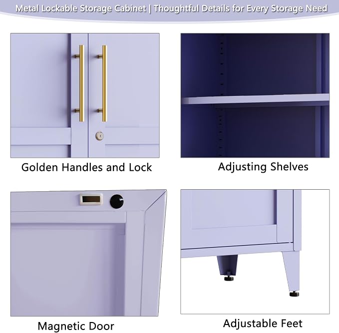 Metal Storage Cabinet with Lock,Purple Steel Tool Cabinet with 3 Adjustable Shelves,61 Tall Freestanding Heavy Duty Garage Locker for Laundry Living Room Bedroom