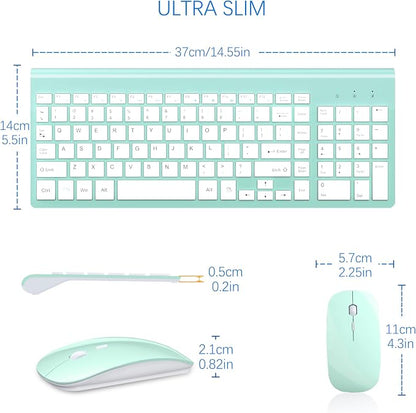 Wireless Keyboard and Mouse Ultra Slim Combo, TopMate 2.4G Silent Compact USB 2400DPI Mouse and Scissor Switch Keyboard Set with Cover, Batteries Included, for PC/Laptop/Windows/Mac - Mint Green