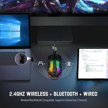 Wireless Gaming Mouse PC Transparent Shell Computer Mice with Dual Mode BT5.0/2.4G,PixArt Chip 3D RGB Lighting,Ergonomic 7 Buttons,Rechargeable Mute Mouse for PC Laptop Tablet PS4 PS5 Xbox one