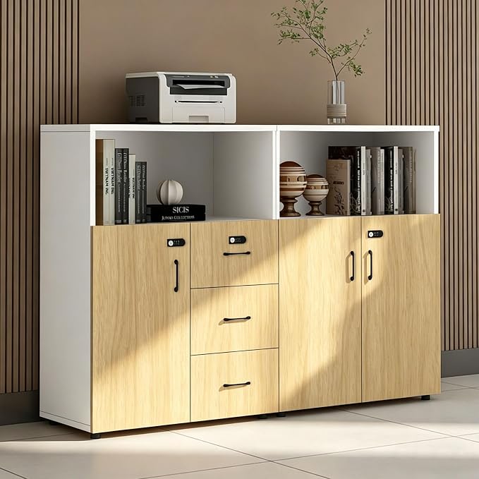 File Cabinet with Password Lock, Wood Lateral Filing Cabinet for Letter/A4 Files, 3 Drawer with Door, Printer Stand with Open Shelves for Home Office