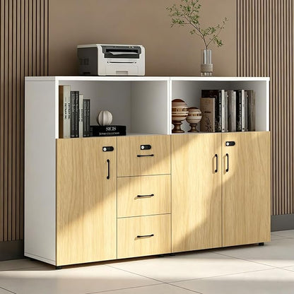 File Cabinet with Password Lock, Wood Lateral Filing Cabinet for Letter/A4 Files, 3 Drawer with Door, Printer Stand with Open Shelves for Home Office