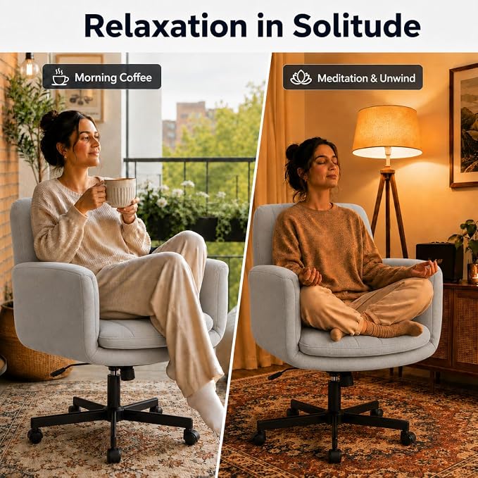 Criss Cross Office Chair with Wheels and Arms, Vanity Chair with Back, Comfy Swivel Cross Legged Office Chairs for Ultimate Comfort and Support, Unique Multifunctional Stylish Arms (Fabric Gray)