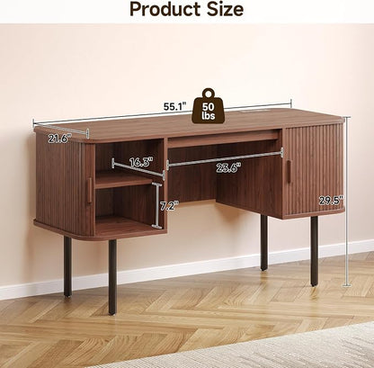ONBRILL 55 Inch Fluted Computer Desk with Charging Station, Mid Century Executive Desk with 2 Storage Cabinets, Modern Home Office Large Desk with Metal Legs for Working, Studying, Writing, Walnut